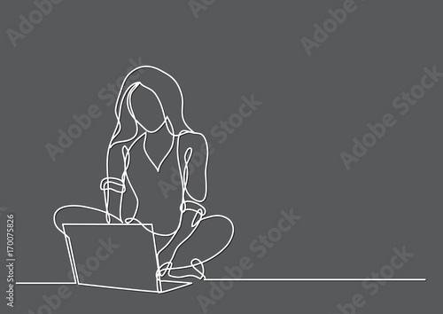 continuous line drawing of woman with laptop
