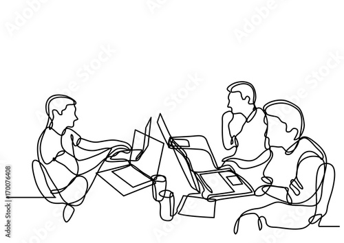continuous line drawing of programmers with laptops working