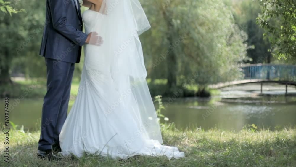 sensual young couple in love in the park. bridegroom embraces the bride in a white dress and a lush veil, tenderness love sensual young couple in love in the park. bridegroom embraces the bride in a white dress and a lush veil, tenderness love