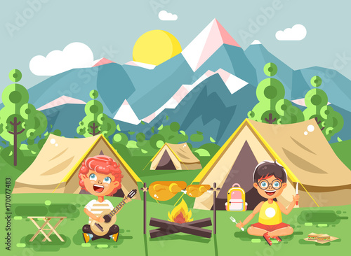  hildren boy sings playing guitar with girl scouts  camping on nature  hike tents and backpacks  adventure park outdoor background of mountains flat style