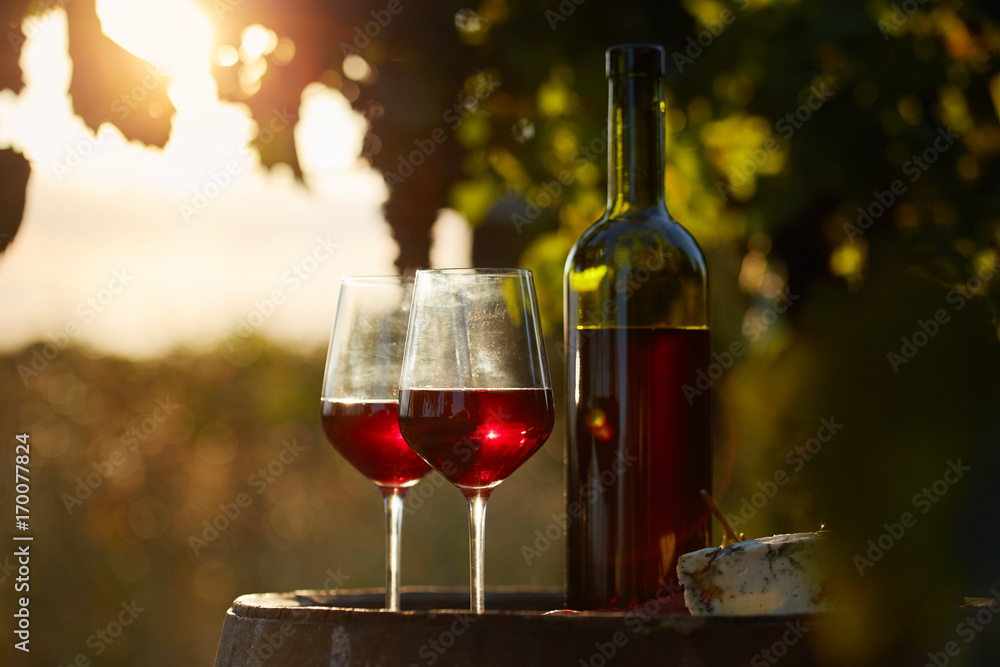 Two glasses of red wine and bottle in the vineyard at sunset