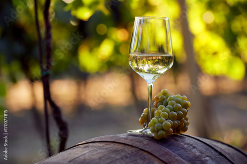 A glass of white wine with grapes on a barrel
