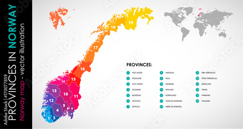 Vector map of Norway and provinces COLOR photo