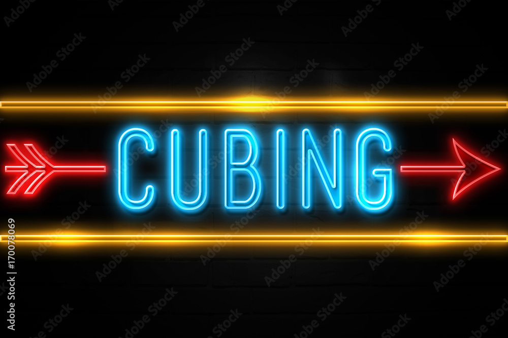 Cubing - fluorescent Neon Sign on brickwall Front view Cubing - fluorescent Neon Sign on brickwall Front view