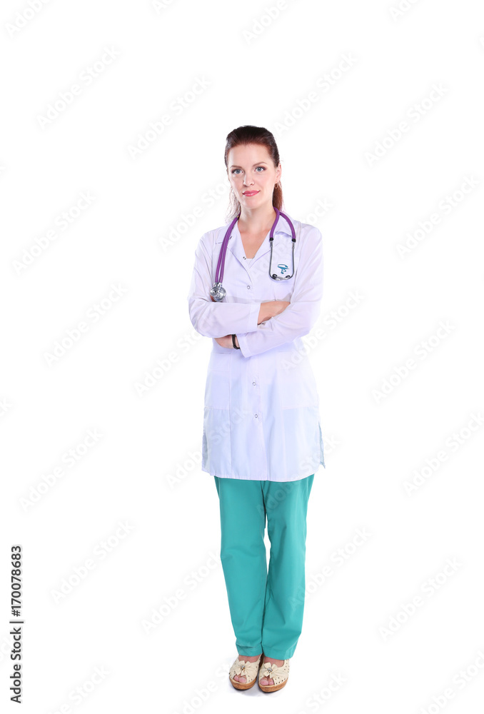 Smiling female doctor with a folder in uniform standing at hospital Smiling female doctor with a folder in uniform standing at hospital
