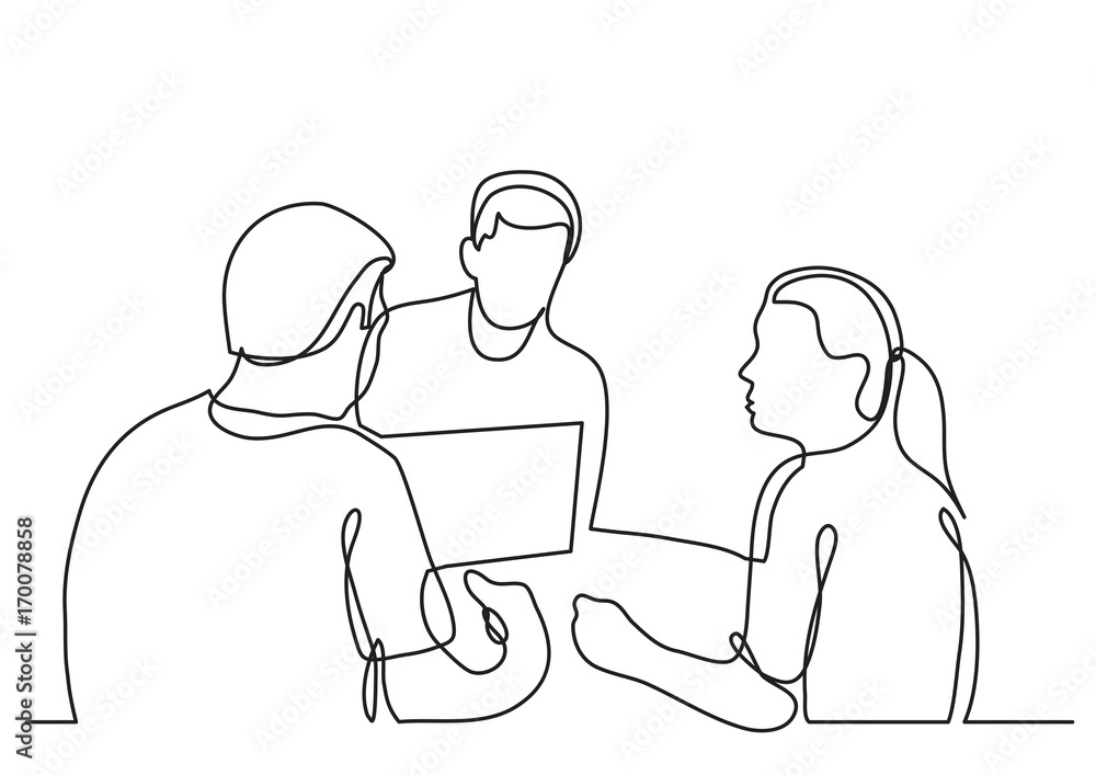 continuous line drawing of three coworkers discussing