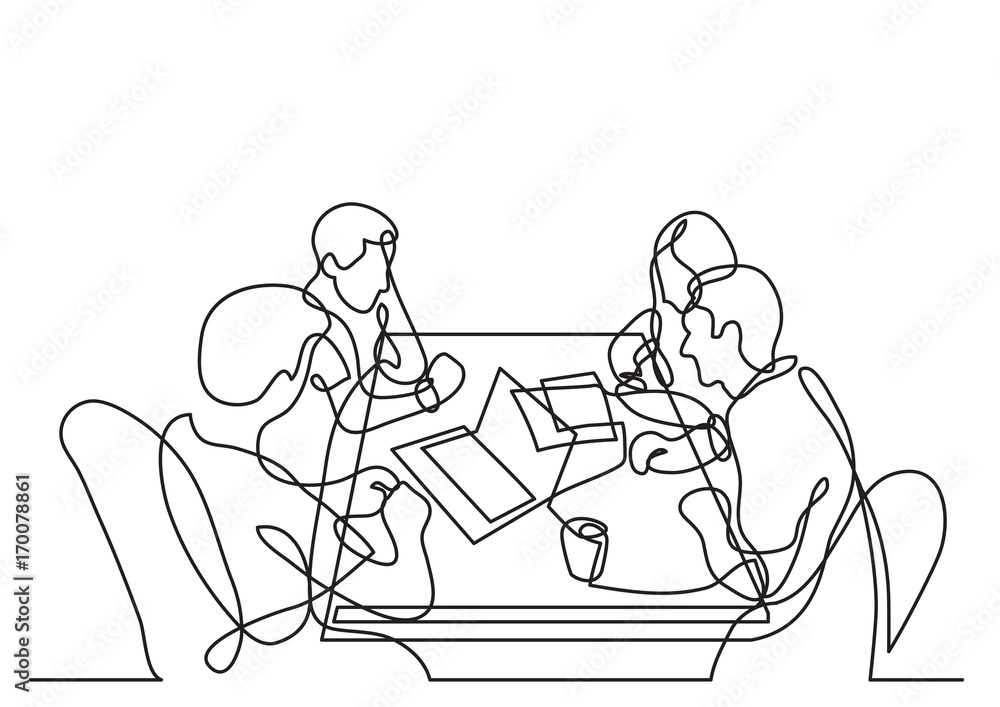 continuous line drawing of four team members working together