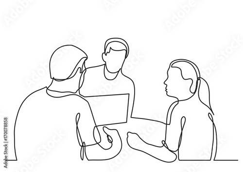continuous line drawing of three coworkers discussing