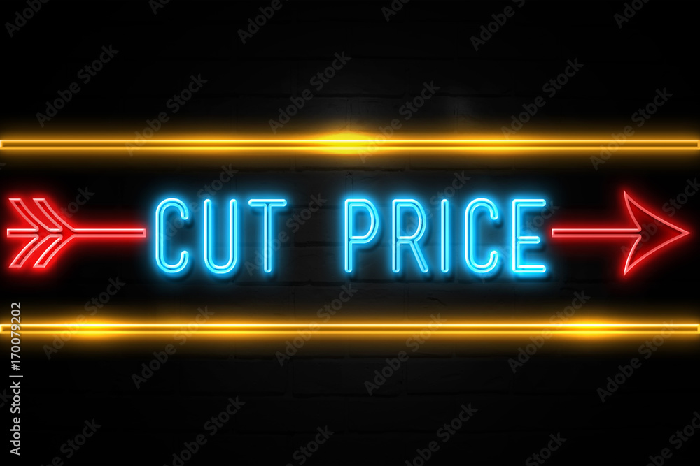 Cut Price  - fluorescent Neon Sign on brickwall Front view