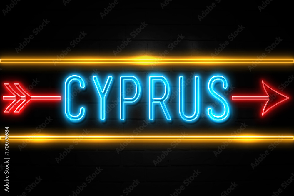 Cyprus - fluorescent Neon Sign on brickwall Front view Cyprus - fluorescent Neon Sign on brickwall Front view