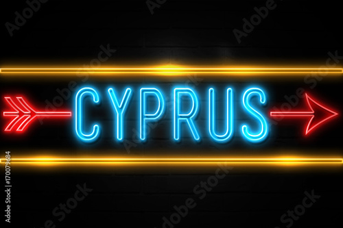 Cyprus - fluorescent Neon Sign on brickwall Front view