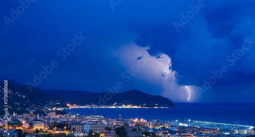 Obraz na płótnie Lightning and thunderstorm on the Tigullio Gulf - Ligurian sea - Chiavari - Lavagna - Sestri Levante - Italy w salonie