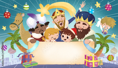 Obraz na płótnie reyes magos y niños con cartel