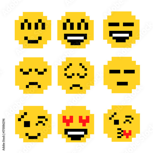 Set of pixel smiles. Retro pop art style. 80s and 90s motifs.