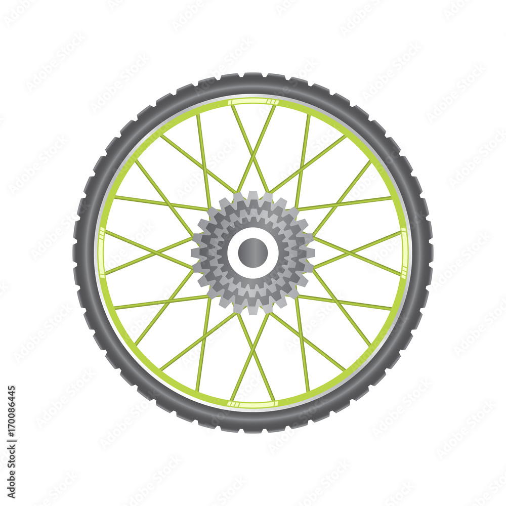 Black metallic bicycle wheel with green spokes
