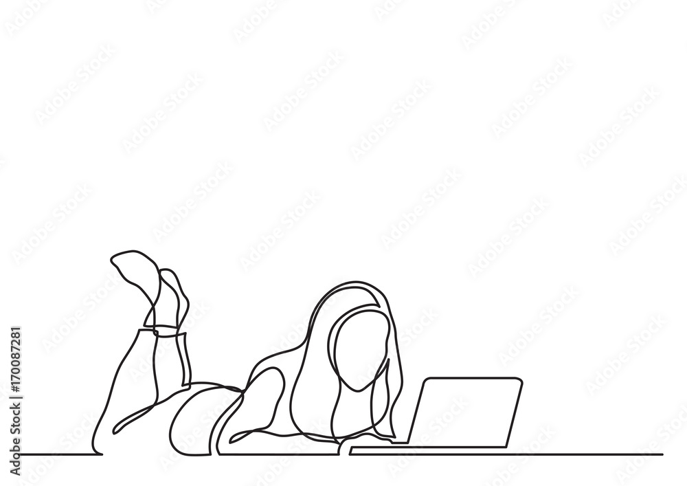 one line drawing of woman lying with laptop one line drawing of woman lying with laptop