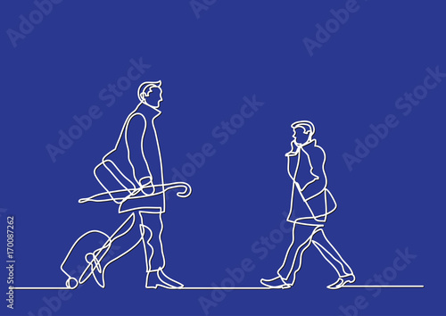 one line drawing of commuters passing by