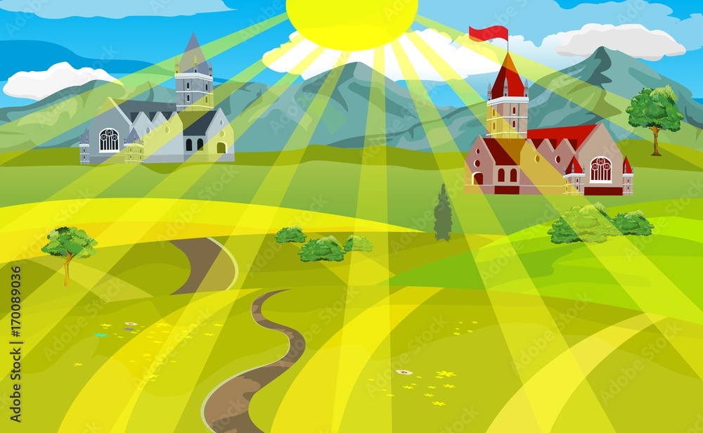 Fototapeta premium Countryside view . Green hill, mountains and castles, sun's rays falling.Summer time in village vector illustration.