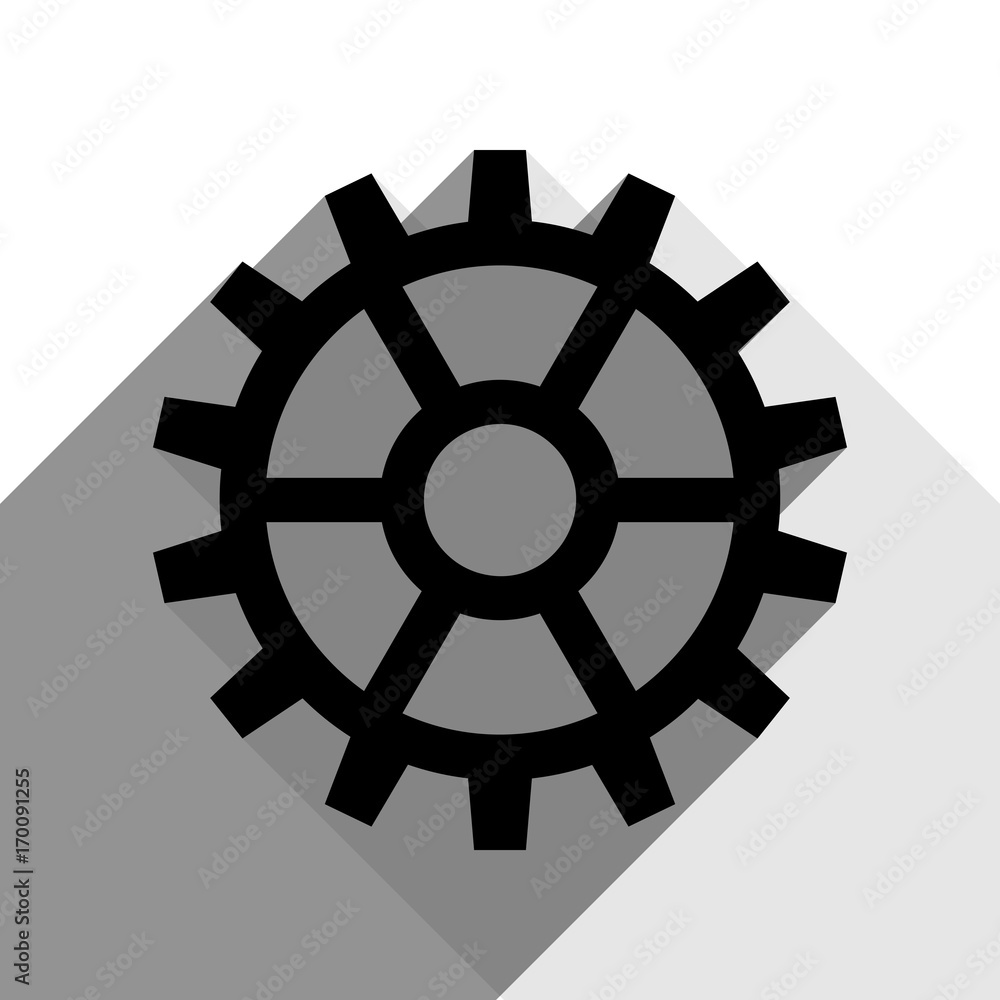 Gear sign. Vector. Black icon with two flat gray shadows on white background. Gear sign. Vector. Black icon with two flat gray shadows on white background.