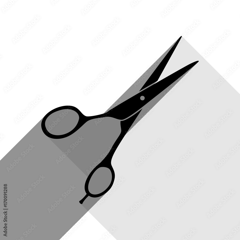 Hair cutting scissors sign. Vector. Black icon with two flat gray shadows on white background. Hair cutting scissors sign. Vector. Black icon with two flat gray shadows on white background.