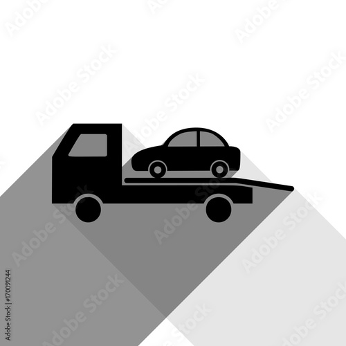 Tow car evacuation sign. Vector. Black icon with two flat gray shadows on white background.