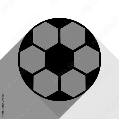 Soccer ball sign. Vector. Black icon with two flat gray shadows on white background.