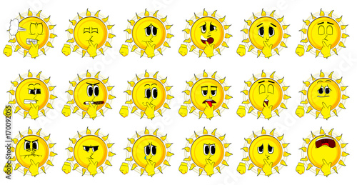 Cartoon sun holdin finger front of his mouth. Collection with sad faces. Expressions vector set.