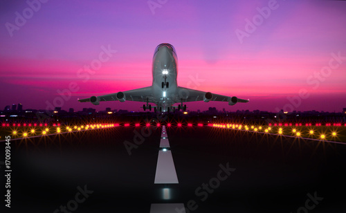 3D render image of airplane taking off runway