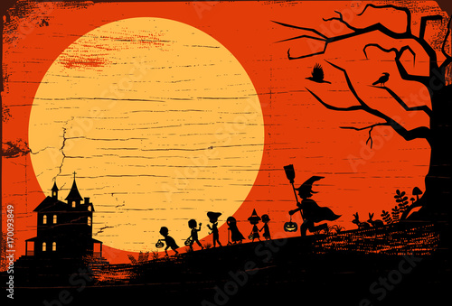 Halloween background, Silhouette of children going trick or treating on a wooden board, Vector Illustration