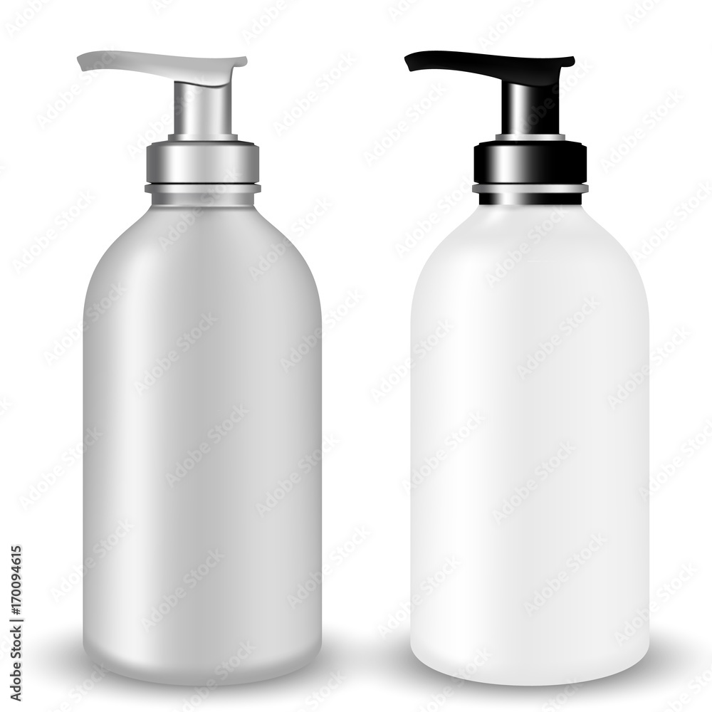 Vector Packaging: SET of Gray and white plastic Cosmetic Bottle beauty products with black and silvery pump lid on white isolated background. Mock-up template ready for design. Vector Packaging: SET of Gray and white plastic Cosmetic Bottle beauty products with black and silvery pump lid on white isolated background. Mock-up template ready for design.