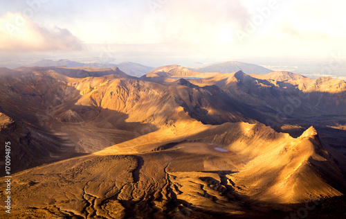 Obraz na płótnie Panoramic view - Sunset in Summit of volcano Mt Ngauruhoe it was Mordor Tower - Lord of The Rings trilogy movies, , Tongariro Northern Circuit, Great walk in New Zealand