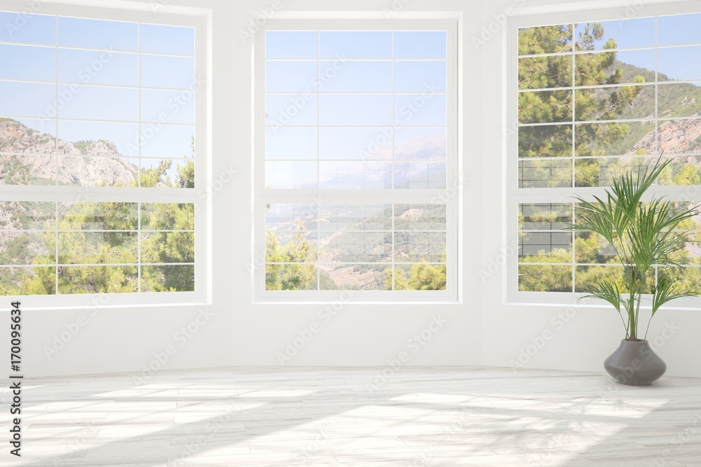 Fototapeta premium White empty room with summer landscape in window. Scandinavian interior design. 3D illustration