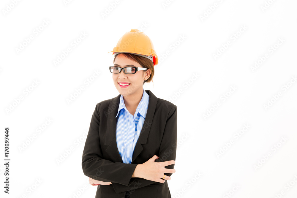 Young attractive confident asian woman, orange safety hat, glass, black suit, blue shirt on white background with arm cross. Young attractive confident asian woman, orange safety hat, glass, black suit, blue shirt on white background with arm cross.