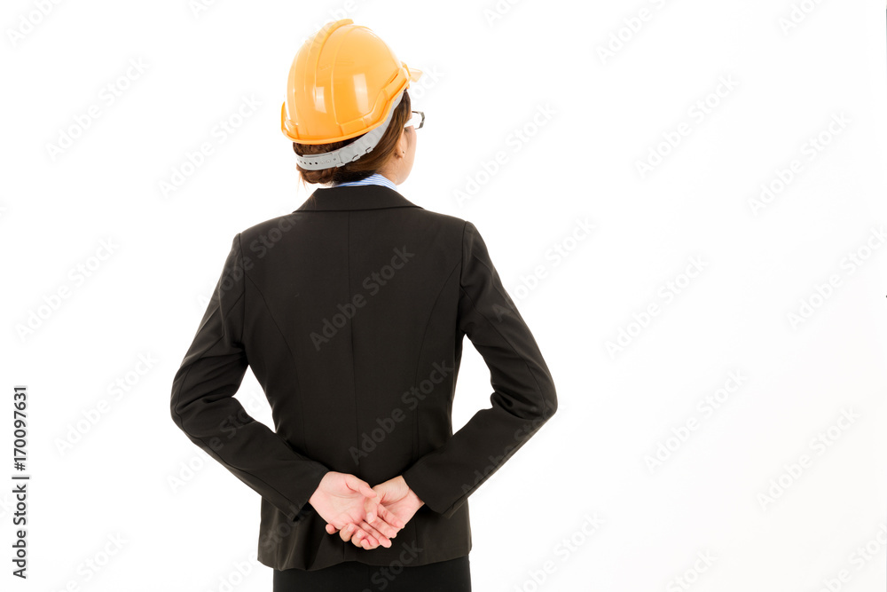 Young attractive confident asian woman, orange safety hat, safety glass, black suit, blue shirt on white background with arm cross. Young attractive confident asian woman, orange safety hat, safety glass, black suit, blue shirt on white background with arm cross.