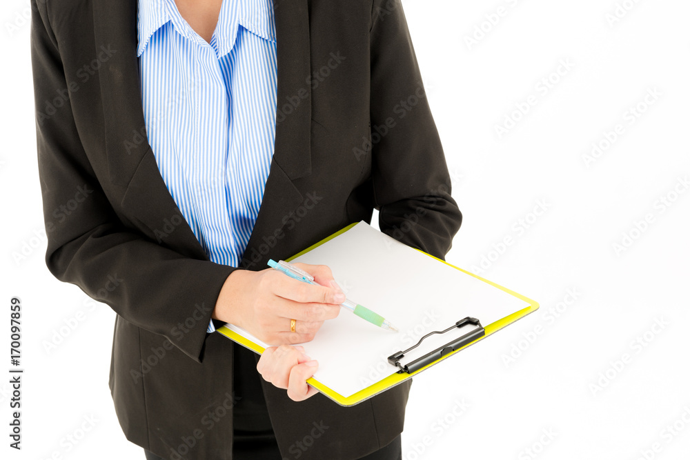 Young attractive confident asian woman, orange safety hat, glass, black suit, blue shirt on white background writing on notepad Young attractive confident asian woman, orange safety hat, glass, black suit, blue shirt on white background writing on notepad