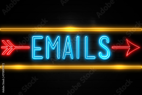 Emails - fluorescent Neon Sign on brickwall Front view