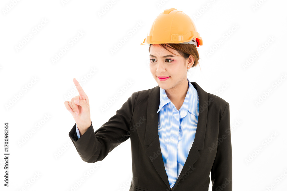 Young confident asian woman, orange safety hat, black suit, blue shirt on white pointing finger. Young confident asian woman, orange safety hat, black suit, blue shirt on white pointing finger.