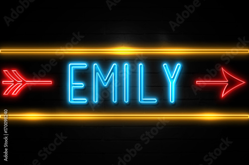 Emily - fluorescent Neon Sign on brickwall Front view