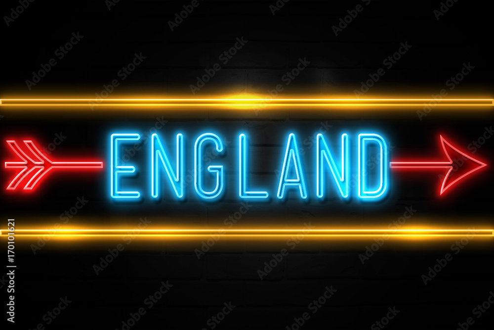 England - fluorescent Neon Sign on brickwall Front view England - fluorescent Neon Sign on brickwall Front view