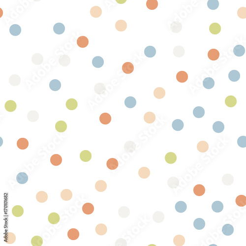 Colorful polka dots seamless pattern on white 11 background. Lovely classic colorful polka dots textile pattern. Seamless scattered confetti fall chaotic decor. Abstract vector illustration.