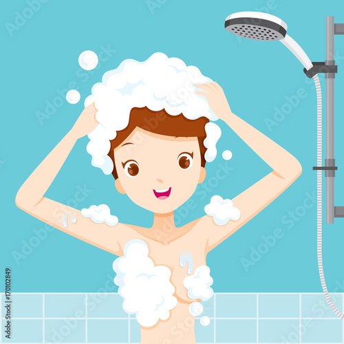 Young Woman Washing Hair In Bathroom, Body, Spa, Cleaning, Beauty, Cosmetic, Purity, Healthy, Skin