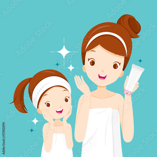 Mother And Daughter Happy With Clean Faces, Facial, Beauty, Cosmetic, Makeup, Healthy, Body, Spa, Skin