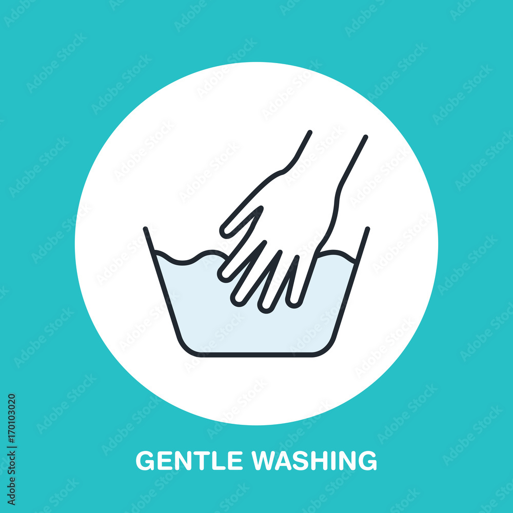 Hand washing of clothes colored flat line icon. Vector logo for laundry or dry cleaning service. Linear illustration of gentle wash. Hand washing of clothes colored flat line icon. Vector logo for laundry or dry cleaning service. Linear illustration of gentle wash.