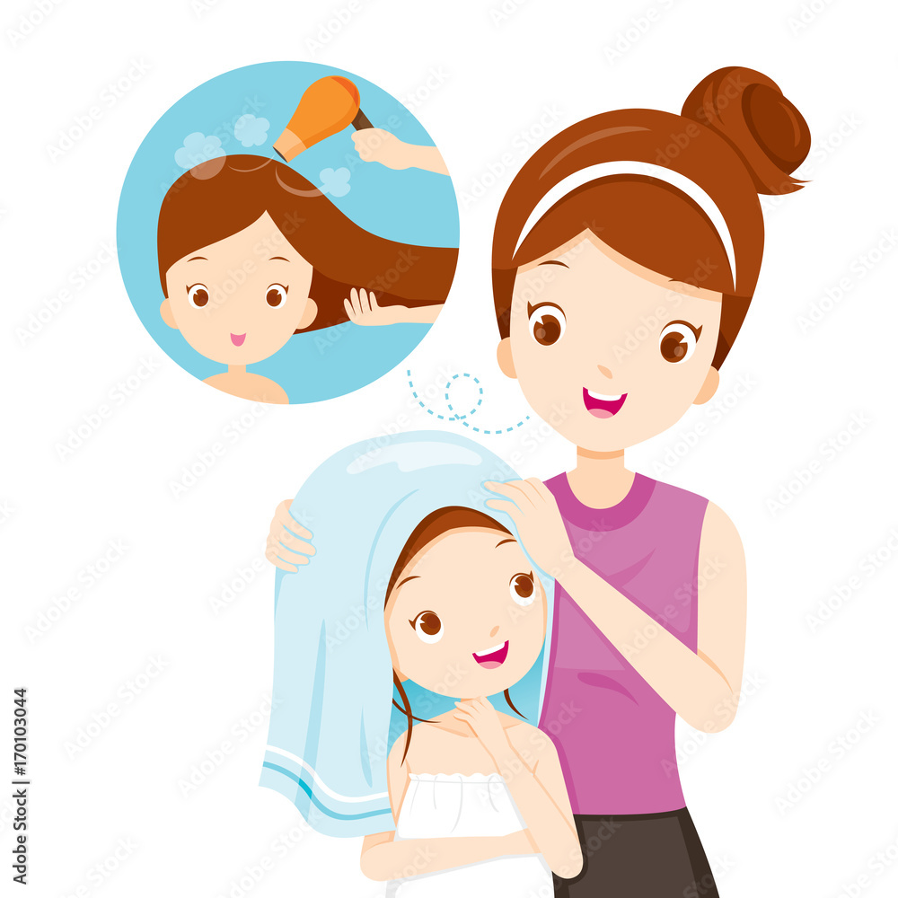 Mother Rub Daughter Hair With Towel, Salon, Hairdressing, Hairdo, Barber, Beauty Mother Rub Daughter Hair With Towel, Salon, Hairdressing, Hairdo, Barber, Beauty