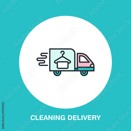 Delivery colored flat line icon, fast dry cleaning courier logo. Transportation flat sign, illustration for shipping business.