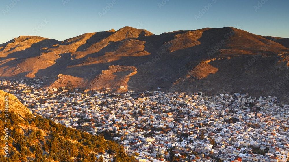 View of the Kalymnos town early in the morning, Greece.
