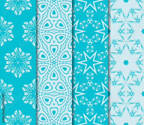 set of 4 seamless geometric pattern with modern floral ornament. sea color background. vector illustration. for wallpaper, print, box design