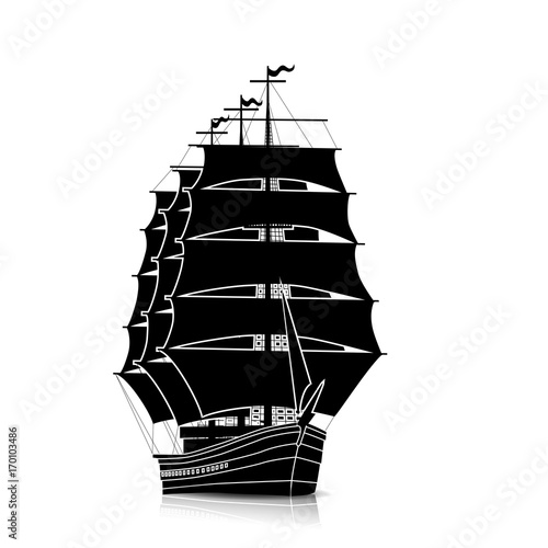 silhouette vintage sailing ship with reflection