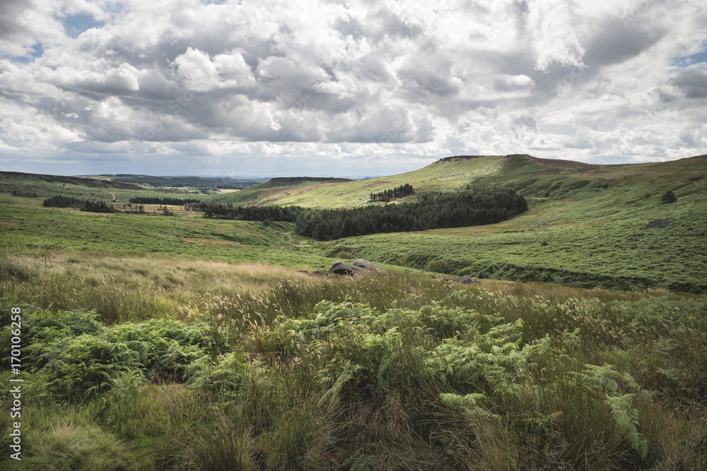 Beautiful vibrant landscape image of Burbage Edge and Rocks in Summer in Peak District England