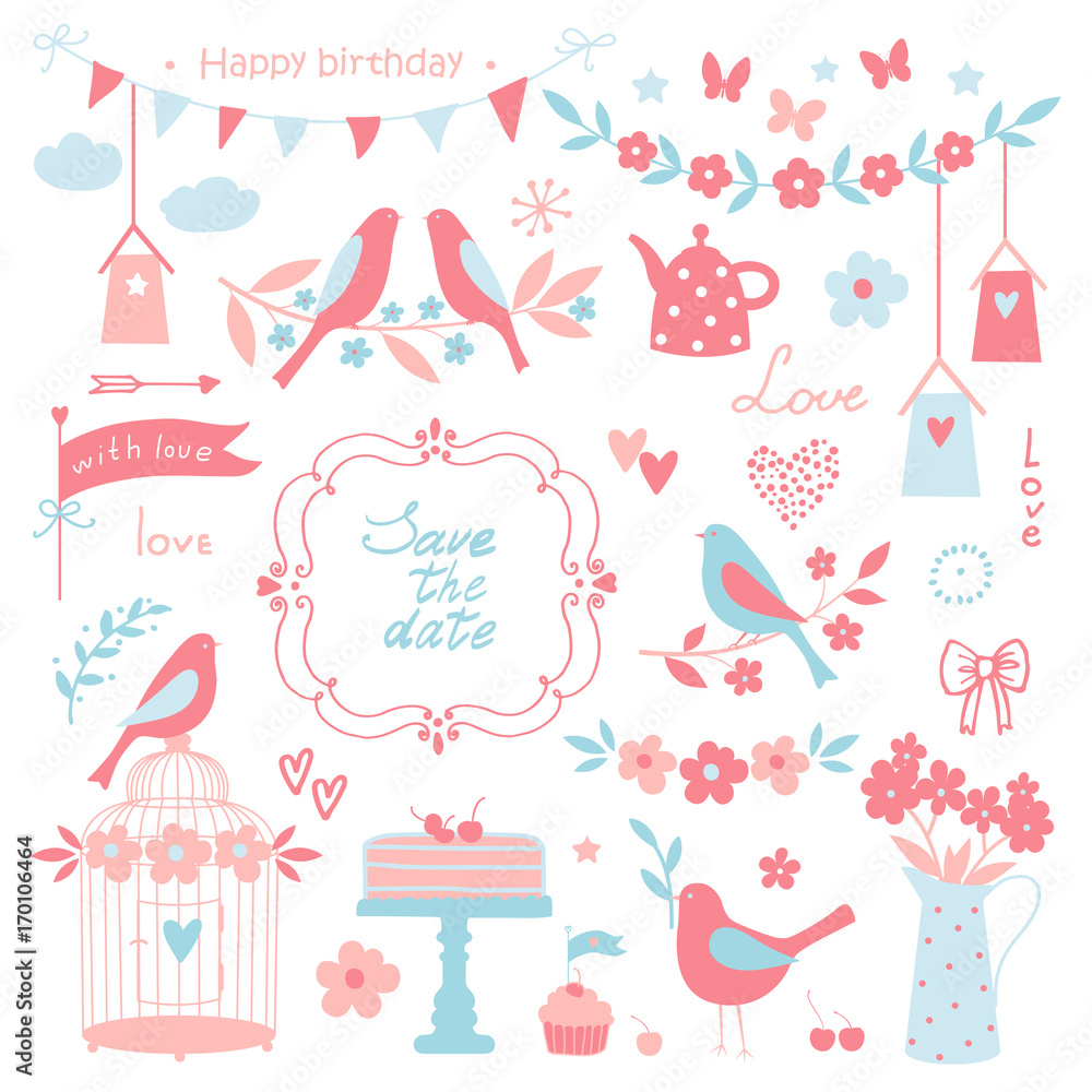 Vector design elements for wedding invitations and birthday party.